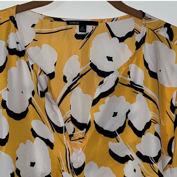 Chaus Yellow White Floral Blouse w/ Drawstring Hem & Pocket | Size M - Picture 5 of 7